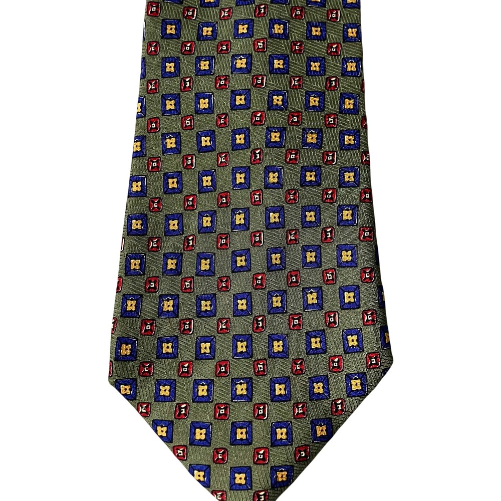 Polo Ralph Lauren Silk Tie Mens Green Blue Red Geometric Medallion Made in‎ USA
